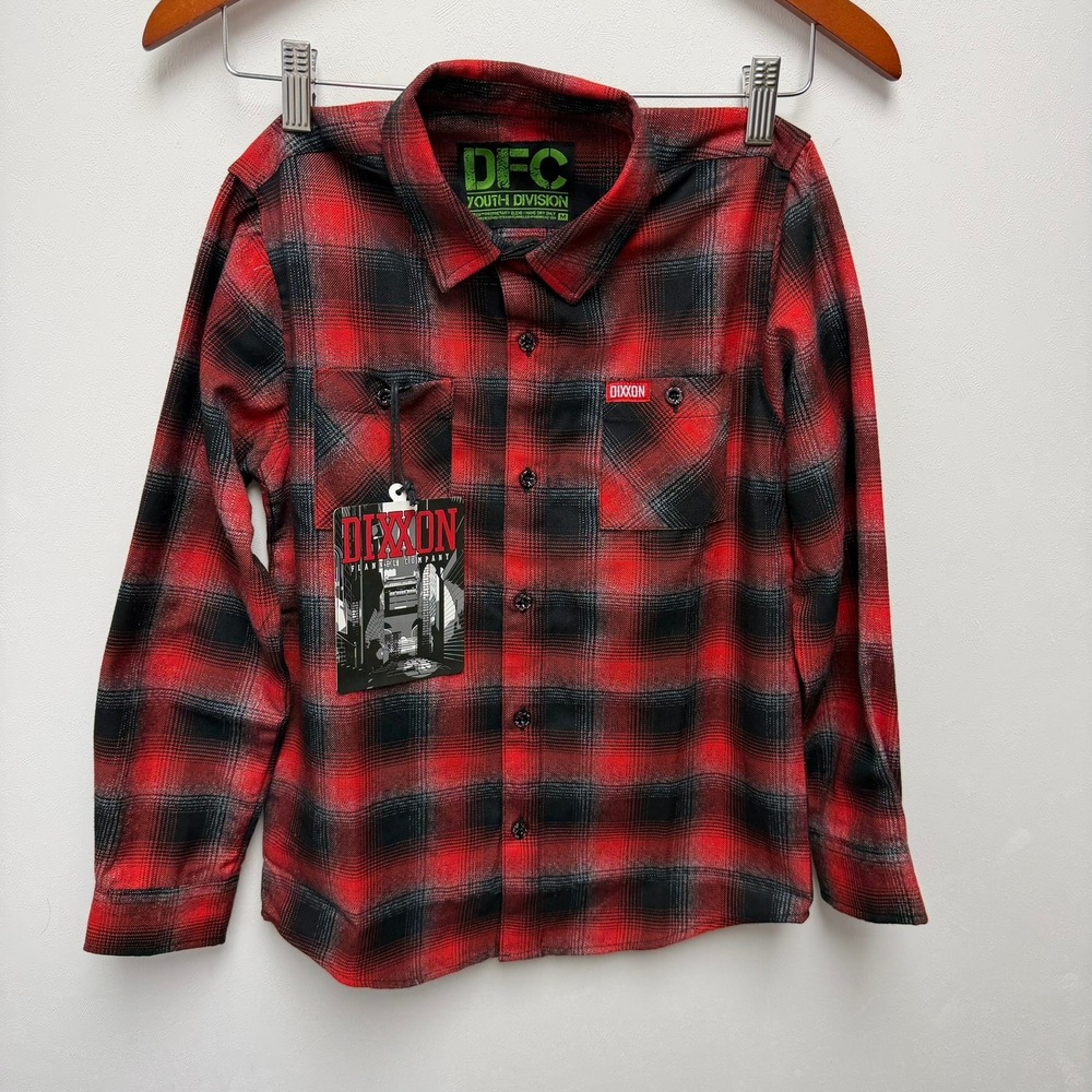 Dixxon‎ Flannel Co Youth Division Red Black Plaid D-Tech Shirt Medium NWT